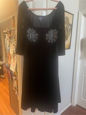 Unique Vintage Black Velvet Spiderweb Crystal A-Line Maxi Dress 2X new